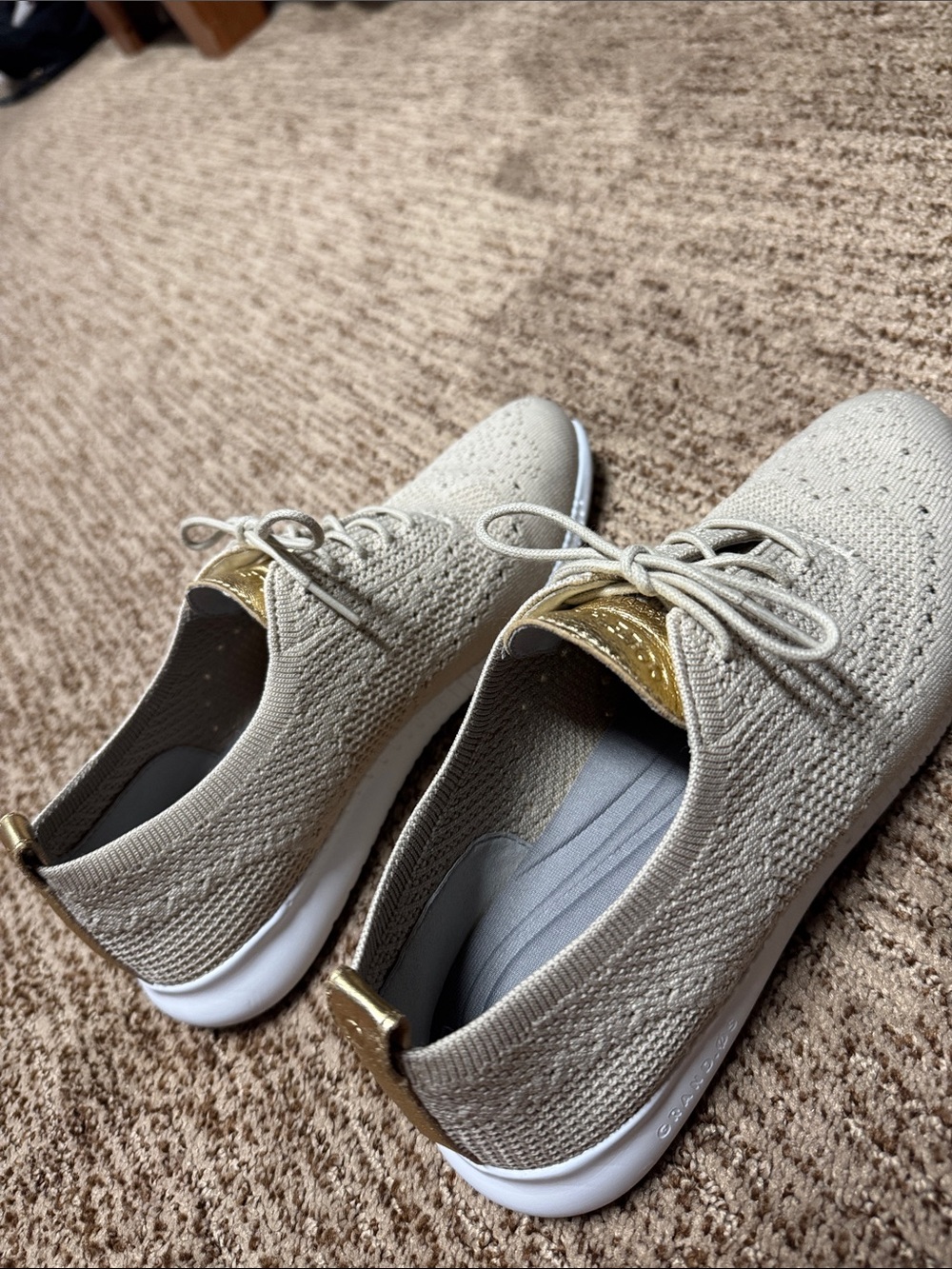 Cole Haan Women's Knit Sneakers in Light Beige with Gold Accents